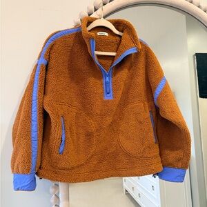Cozy Teddy Pullover Jacket in Rust with Blue Trim
